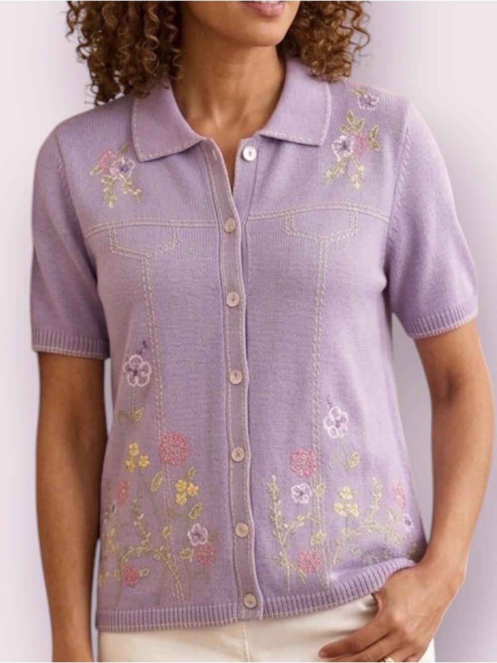 Vintage 90s Embroidered Short Sleeve Cardigan Sweater Lavender Alfred Dunner L